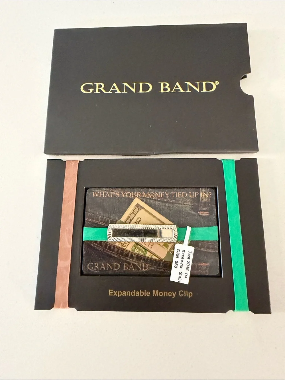 Grand Band Expandable Money Clip Wallet - Black with Green Accent